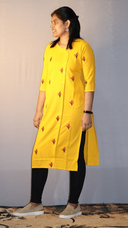 Pavani -Cotton with embriodery Kurti - Yellow