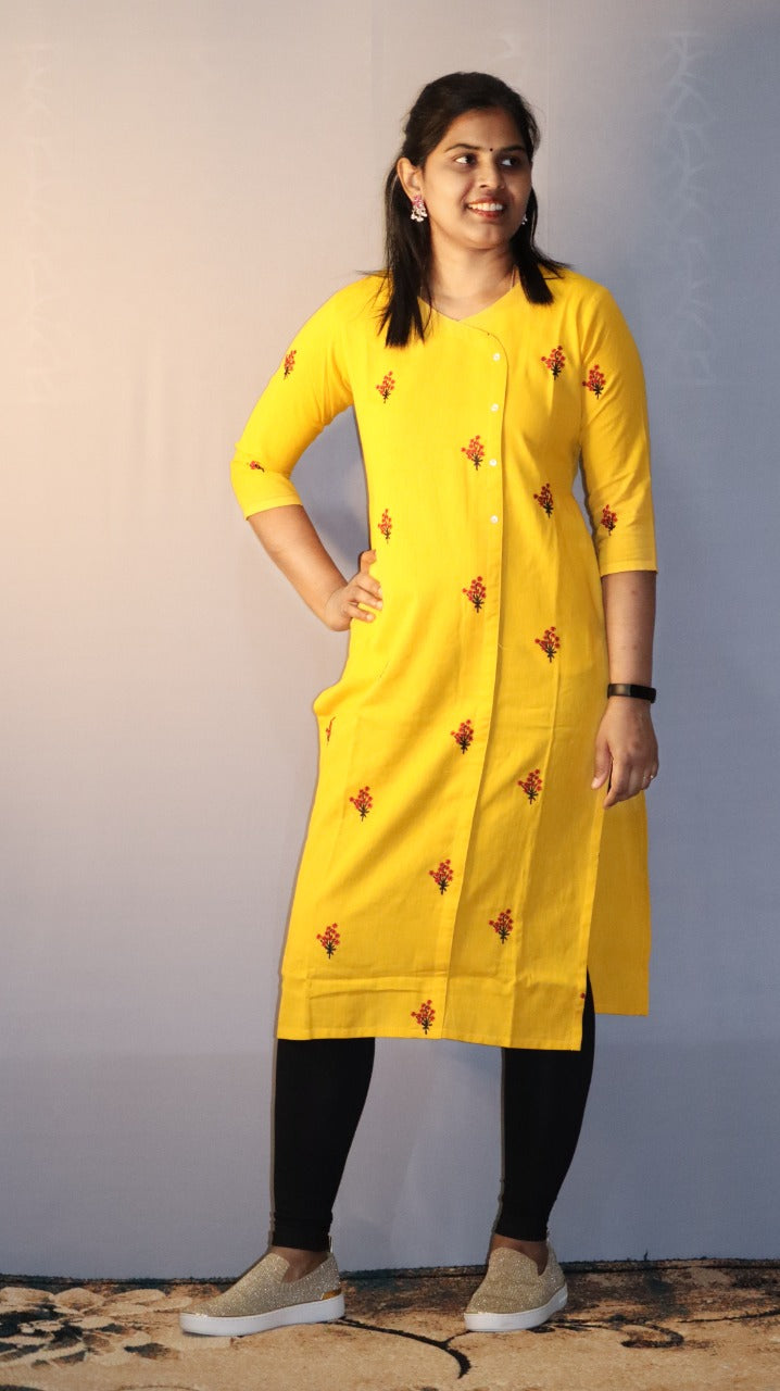 Pavani -Cotton with embriodery Kurti - Yellow
