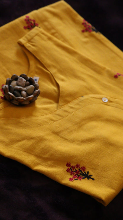Pavani -Cotton with embriodery Kurti - Yellow