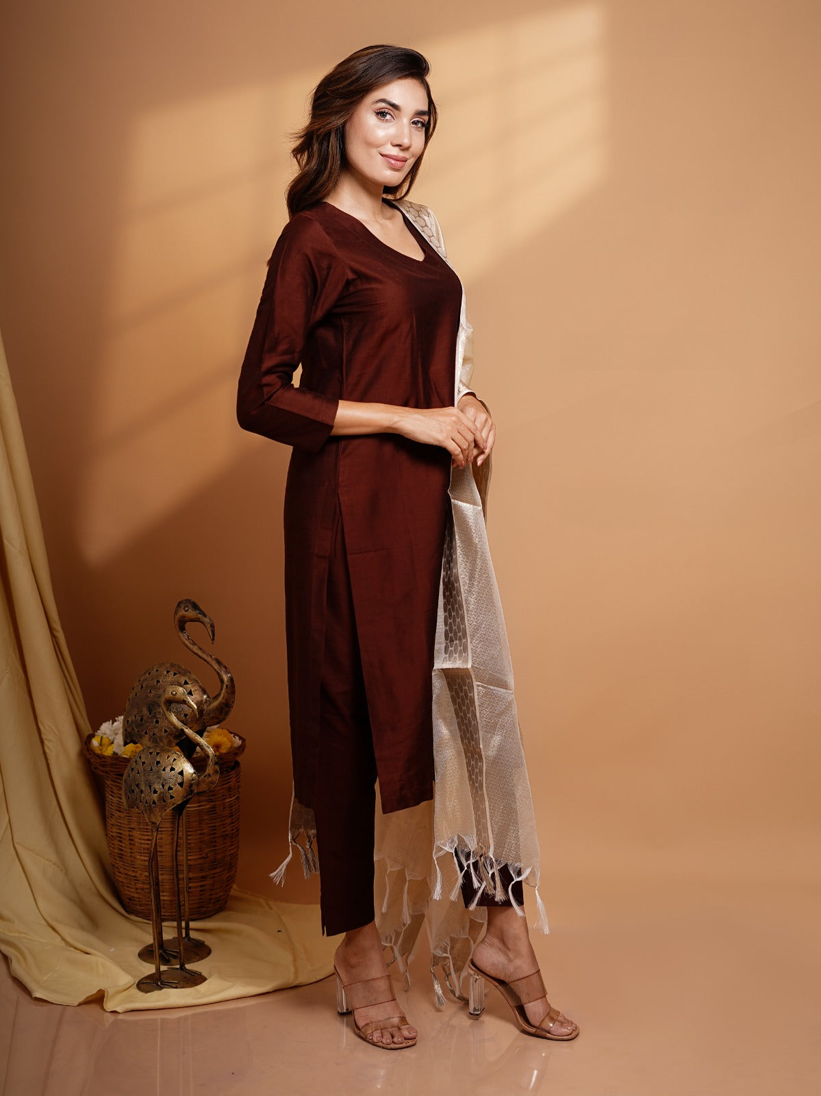 Namrata - Chocolate Brown Silk cotton set with PremiumTissue Dupatta