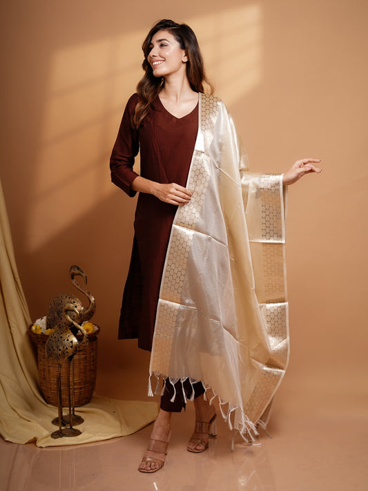 Namrata - Chocolate Brown Silk cotton set with PremiumTissue Dupatta