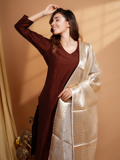 Namrata - Chocolate Brown Silk cotton set with PremiumTissue Dupatta