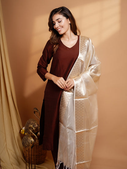 Namrata - Chocolate Brown Silk cotton set with PremiumTissue Dupatta