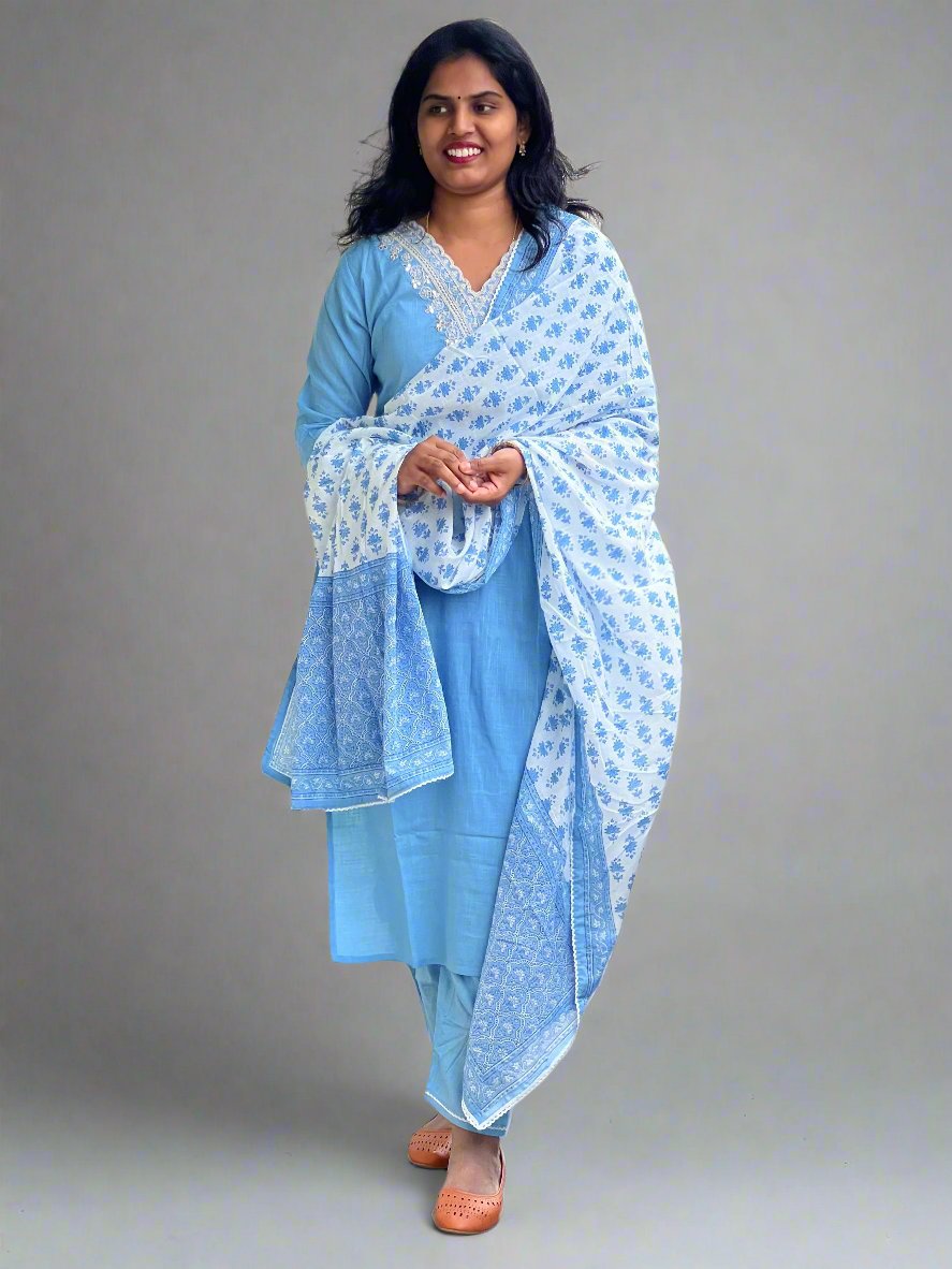 Radha - Cotton suit with work on yolk - Blue