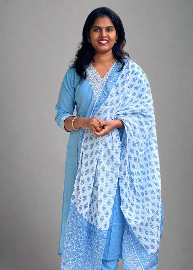 Radha - Cotton suit with work on yolk - Blue