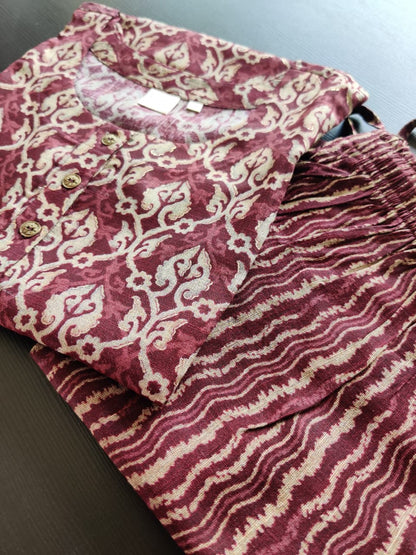 Devika - Rayon Capsule Kurti and pant set - Dark maroon