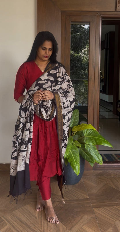 Maroon Nyra Silk cotton set with Kalamkari Dupatta