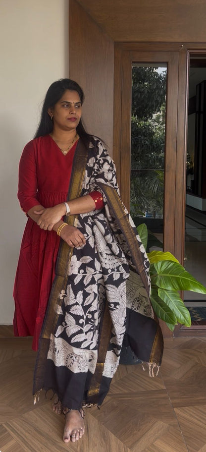 Maroon Nyra Silk cotton set with Kalamkari Dupatta