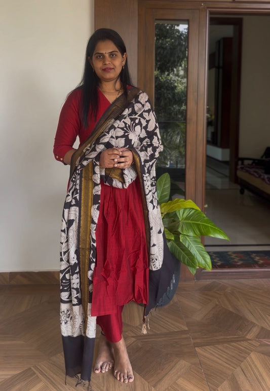 Maroon Nyra Silk cotton set with Kalamkari Dupatta