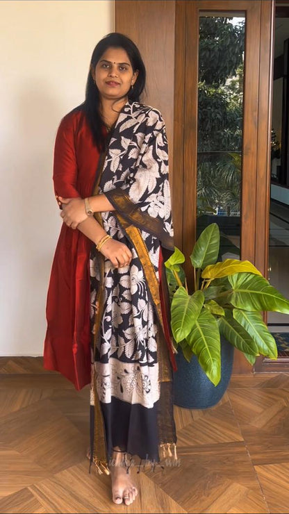 Maroon Nyra Silk cotton set with Kalamkari Dupatta