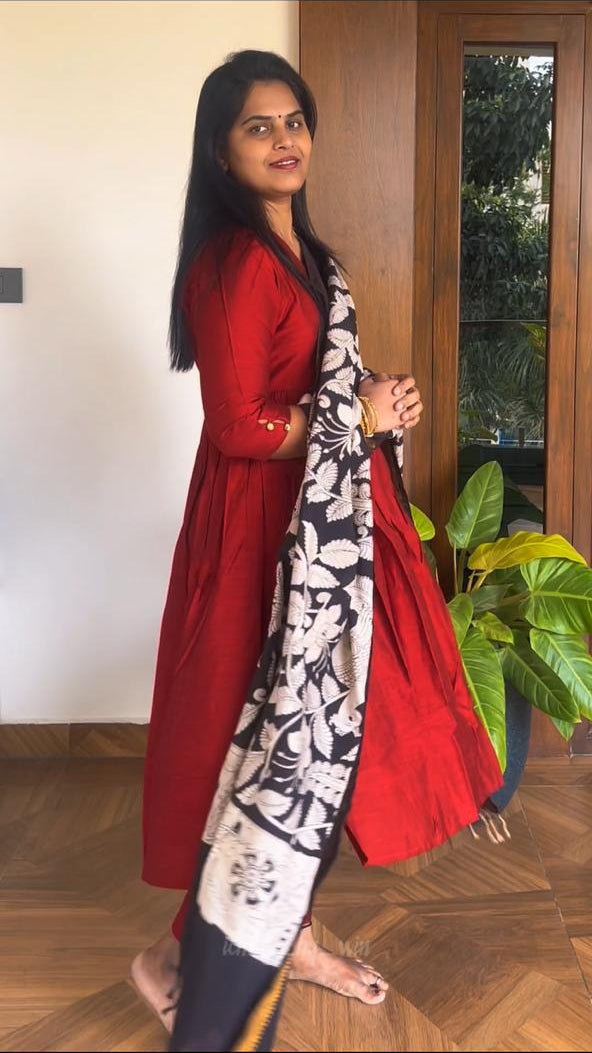 Maroon Nyra Silk cotton set with Kalamkari Dupatta