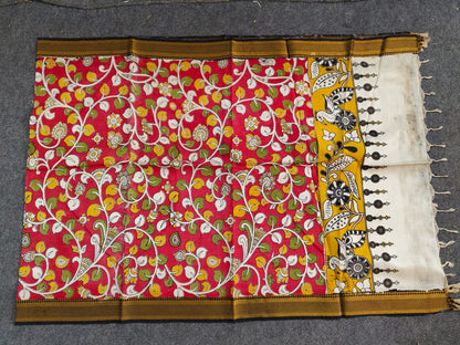 Kalamkari Dupatta - Chennuri silk - Red Floral