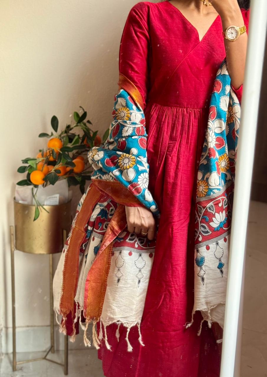 Navya - Maroon Nyra Silk cotton set with Kalamkari Dupatta