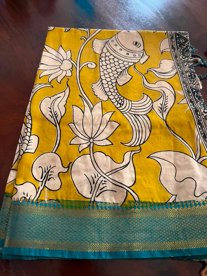 Kalamkari Dupatta - Chennuri silk - Yellow Aqua blue border