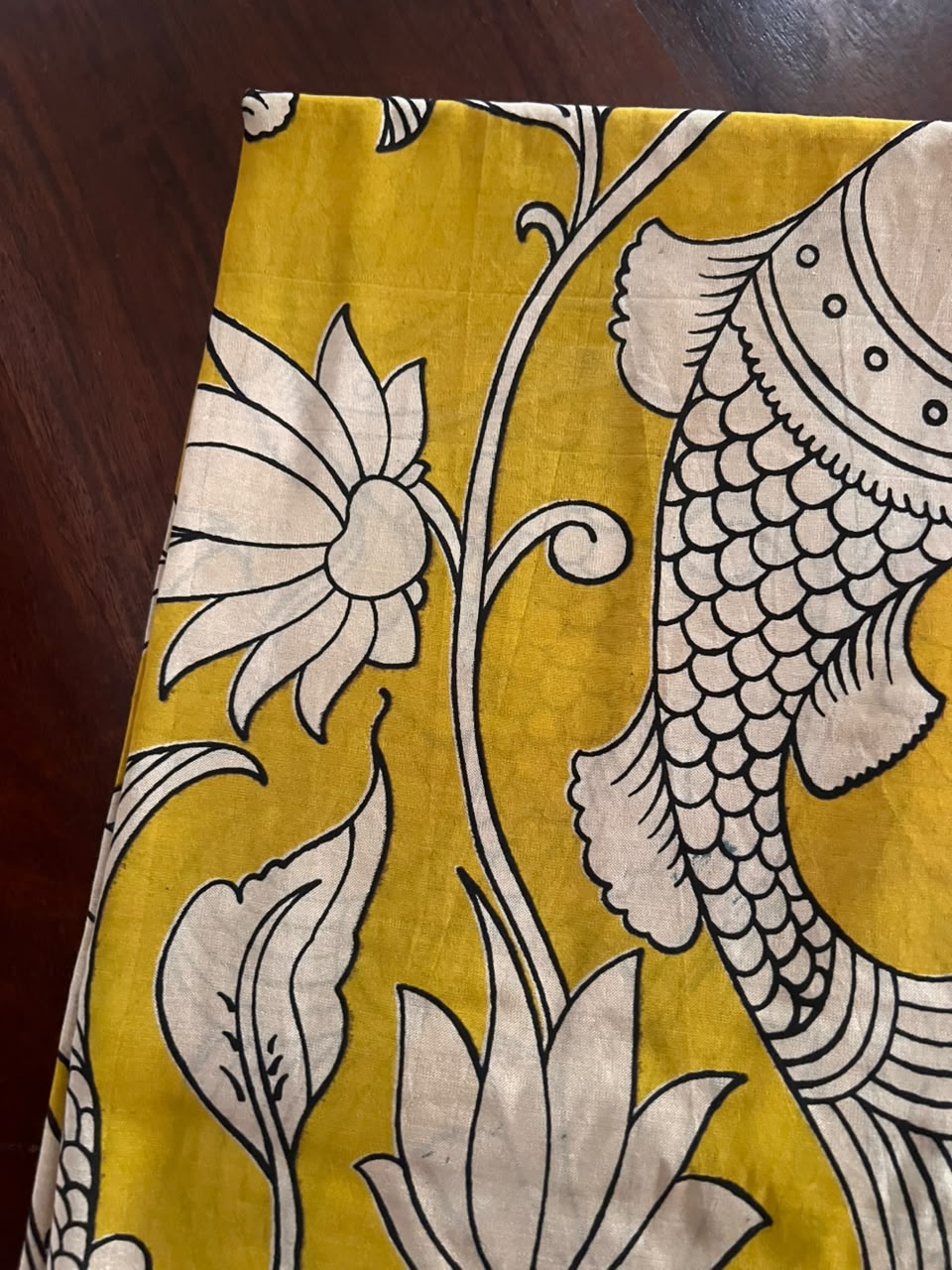 Kalamkari Dupatta - Chennuri silk - Yellow Aqua blue border
