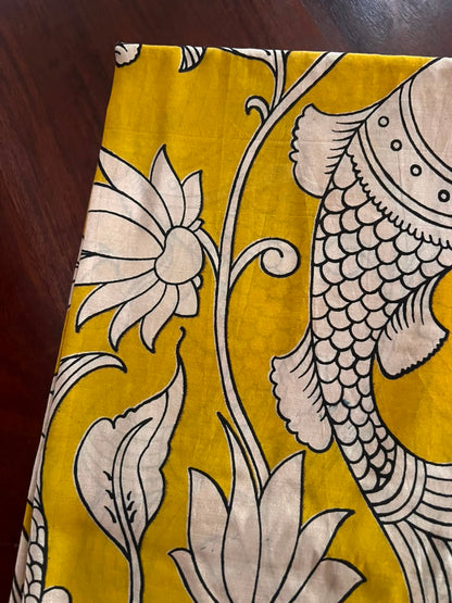 Kalamkari Dupatta - Chennuri silk - Yellow Aqua blue border