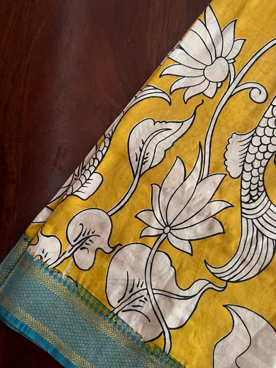 Kalamkari Dupatta - Chennuri silk - Yellow Aqua blue border
