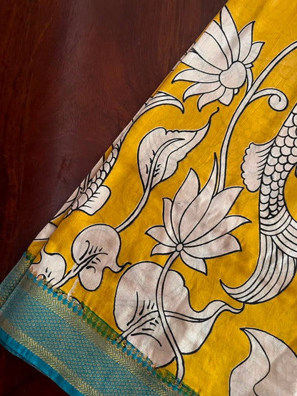 Kalamkari Dupatta - Chennuri silk - Yellow Aqua blue border