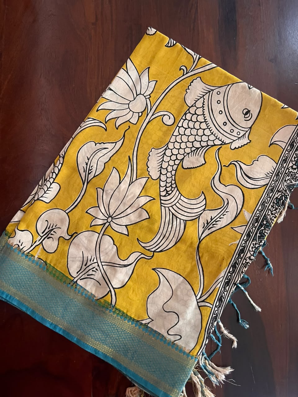 Kalamkari Dupatta - Chennuri silk - Yellow Aqua blue border