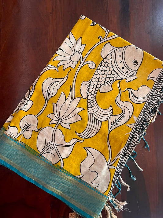 Kalamkari Dupatta - Chennuri silk - Yellow Aqua blue border