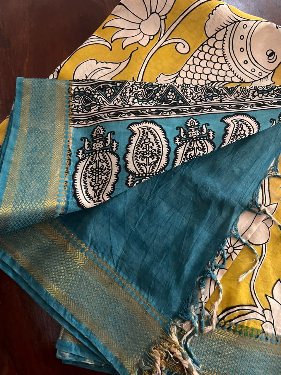 Kalamkari Dupatta - Chennuri silk - Yellow Aqua blue border