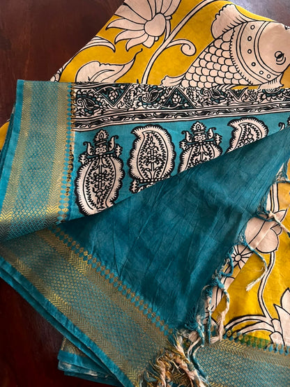 Kalamkari Dupatta - Chennuri silk - Yellow Aqua blue border