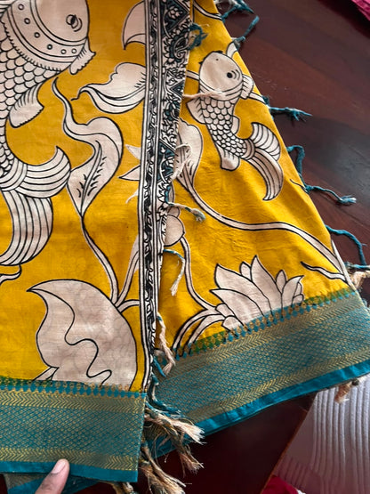 Kalamkari Dupatta - Chennuri silk - Yellow Aqua blue border