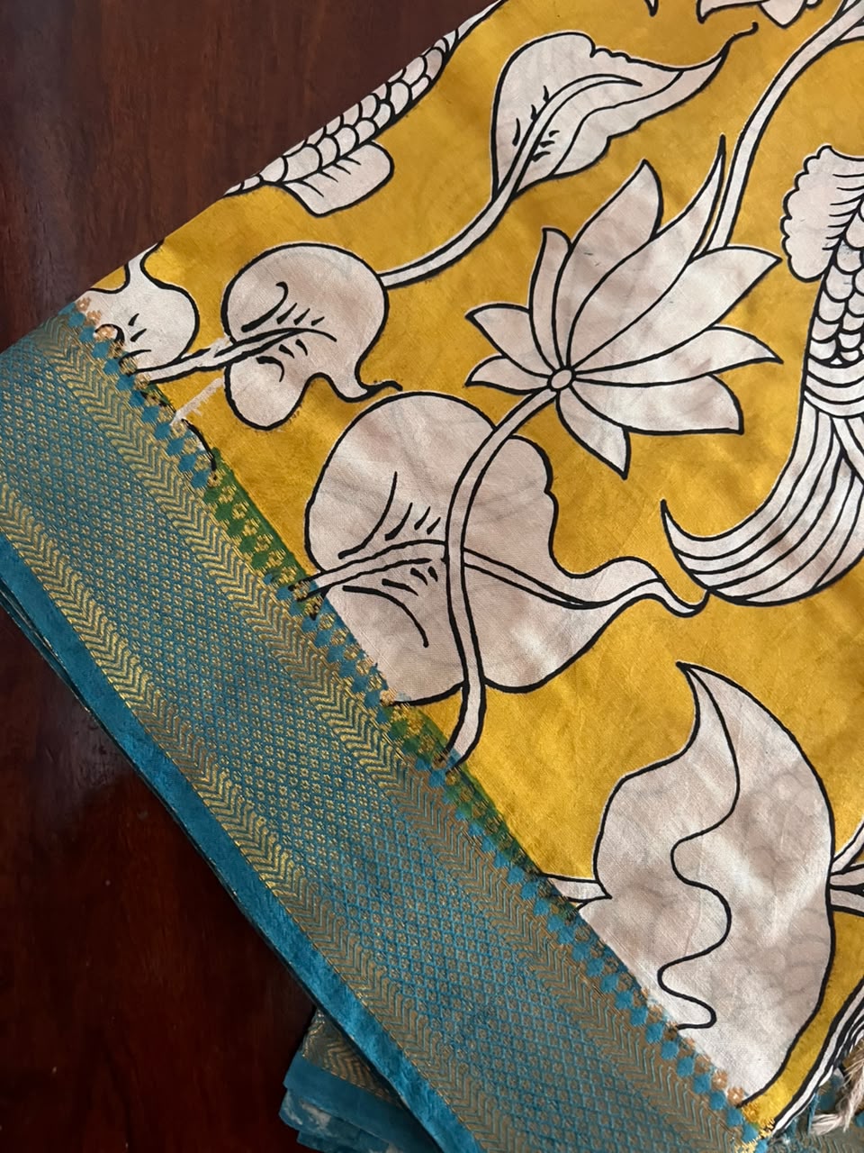 Kalamkari Dupatta - Chennuri silk - Yellow Aqua blue border