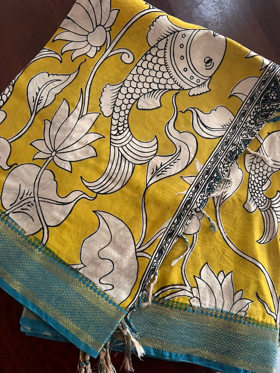 Kalamkari Dupatta - Chennuri silk - Yellow Aqua blue border