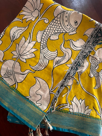 Kalamkari Dupatta - Chennuri silk - Yellow Aqua blue border