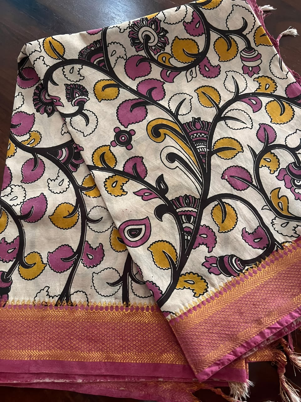Kalamkari Dupatta - Chennuri silk - Pink and yellow floral