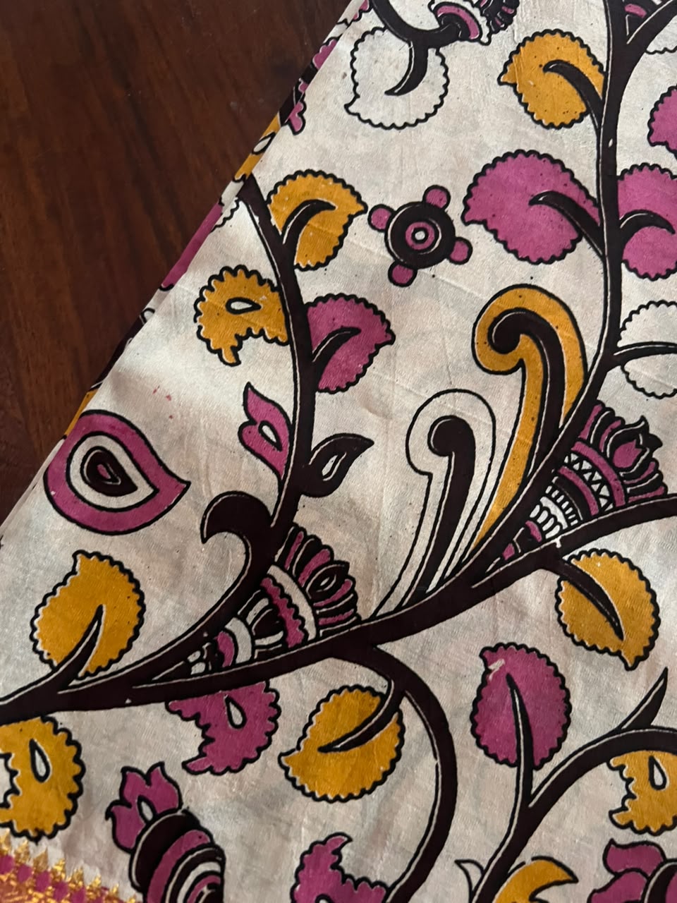 Kalamkari Dupatta - Chennuri silk - Pink and yellow floral