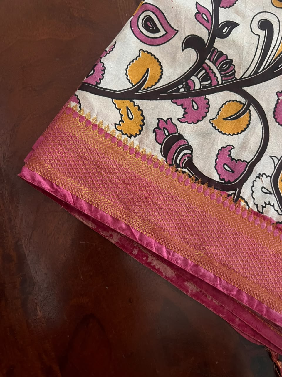 Kalamkari Dupatta - Chennuri silk - Pink and yellow floral