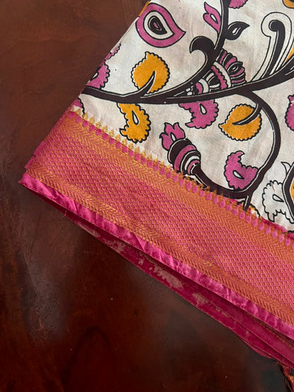 Kalamkari Dupatta - Chennuri silk - Pink and yellow floral