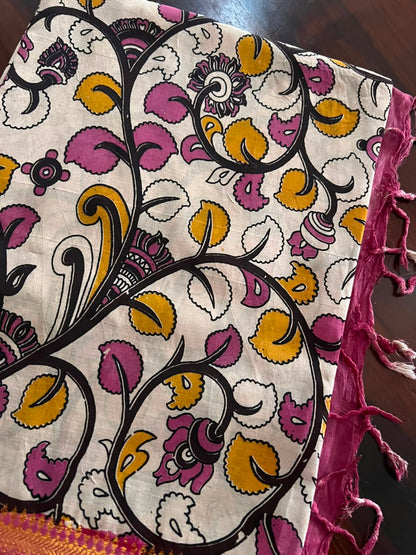 Kalamkari Dupatta - Chennuri silk - Pink and yellow floral