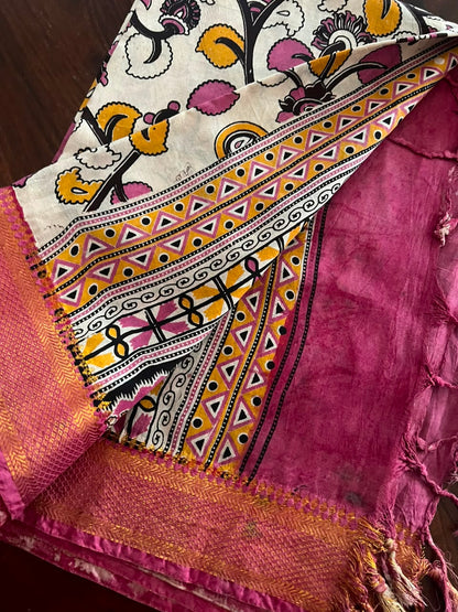 Kalamkari Dupatta - Chennuri silk - Pink and yellow floral