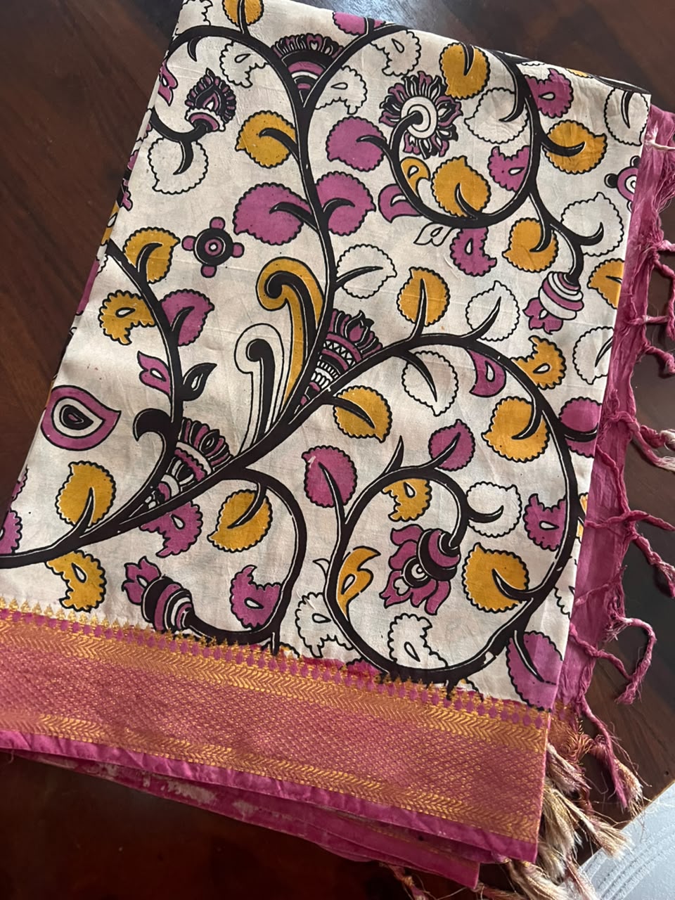 Kalamkari Dupatta - Chennuri silk - Pink and yellow floral