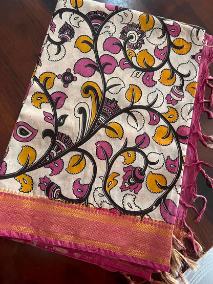 Kalamkari Dupatta - Chennuri silk - Pink and yellow floral