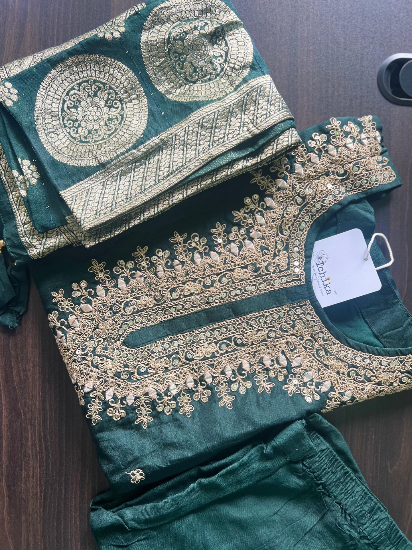Anjali - Silk hand work kurti set - Bottle Green