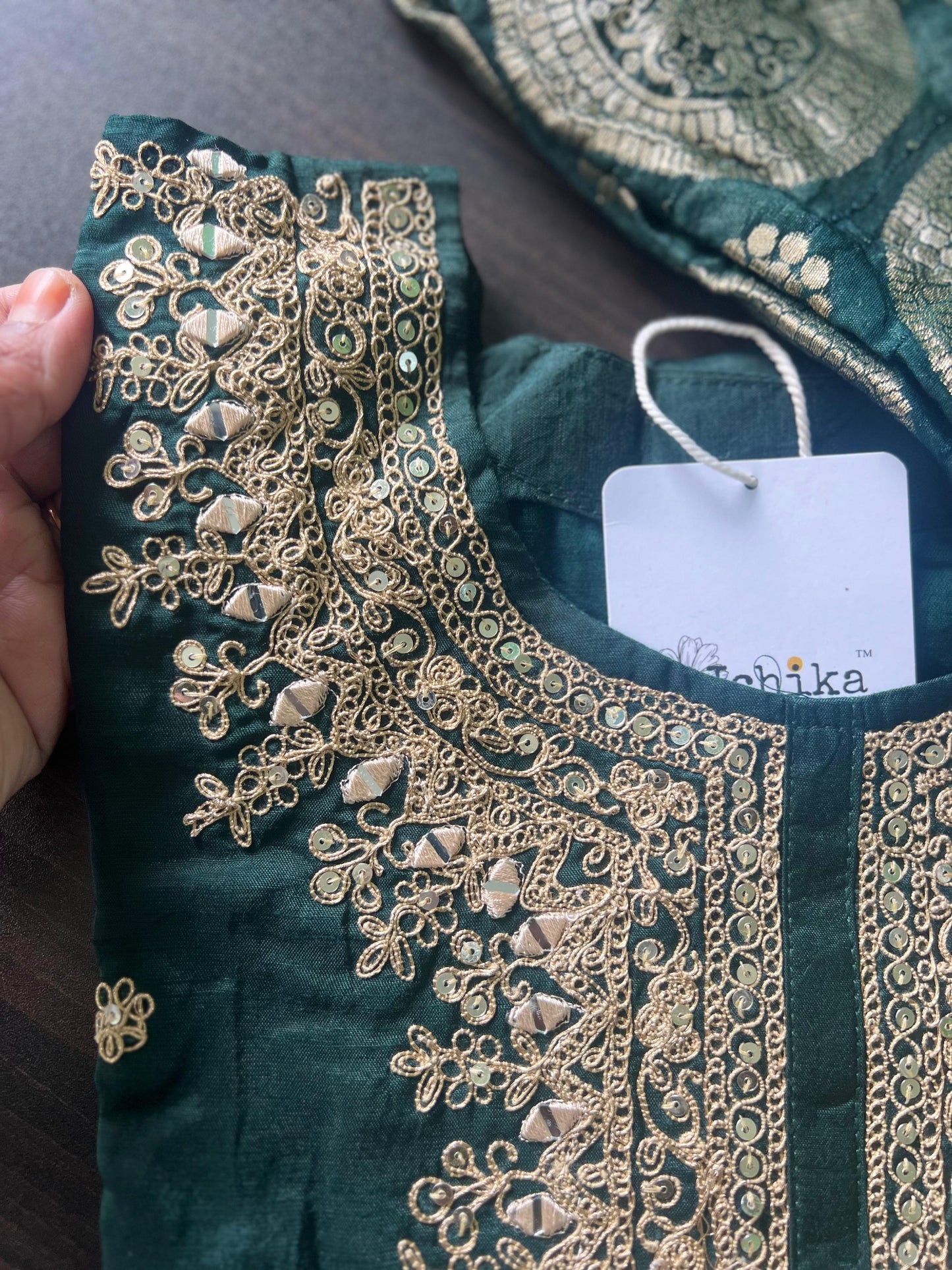 Anjali - Silk hand work kurti set - Bottle Green