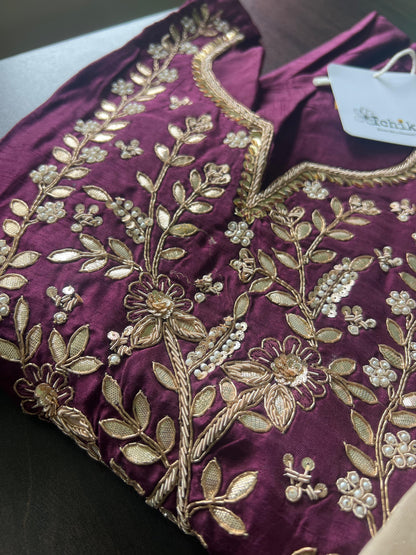 Maslin Wine color Party wear with hand work and pearl work