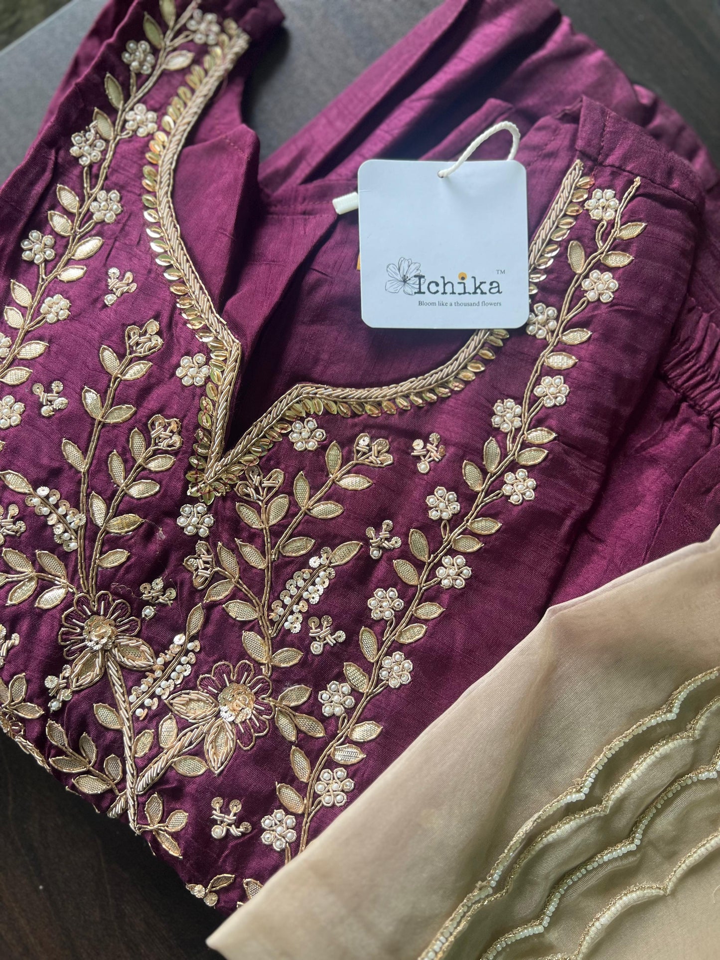 Maslin Wine color Party wear with hand work and pearl work