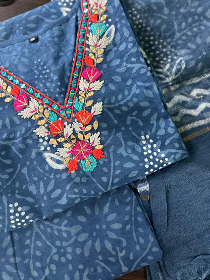 Adhira - Mul cotton set with embroidery - Indigo print