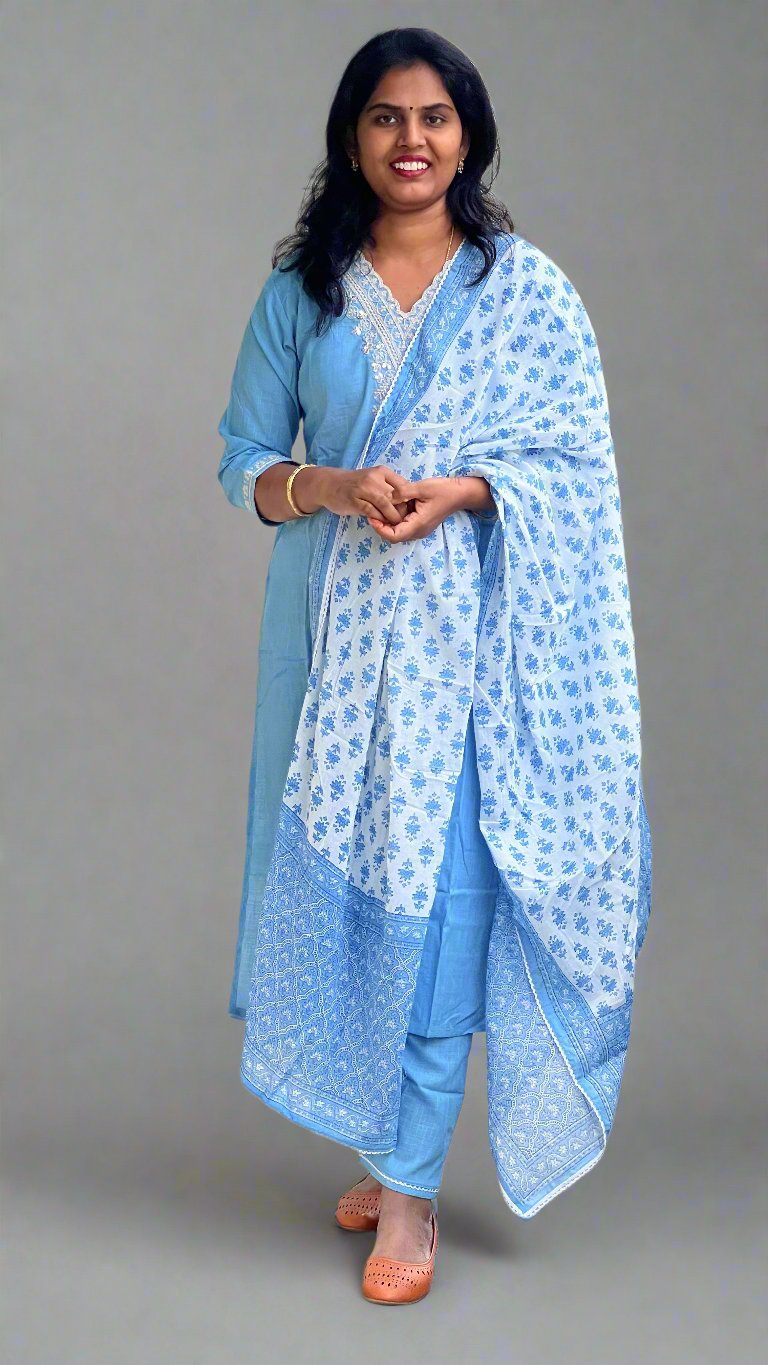 Radha - Cotton suit with work on yolk - Blue