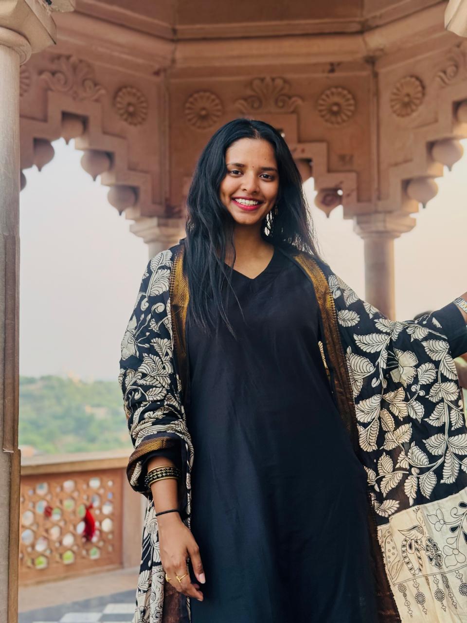 Madhura - Black Silk cotton set with Kalamlari Dupatta
