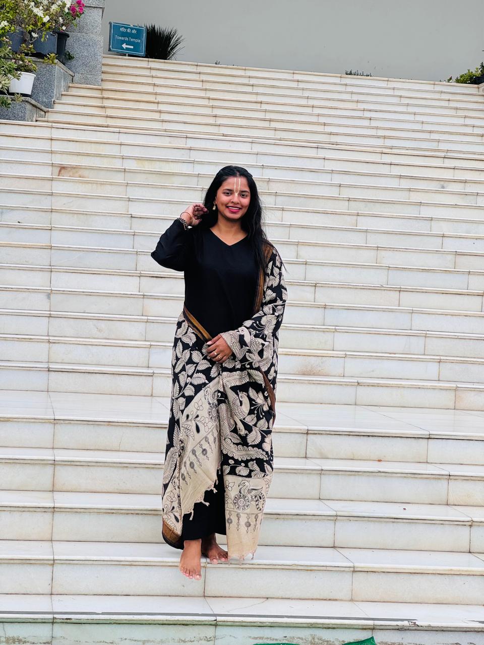 Madhura - Black Silk cotton set with Kalamlari Dupatta