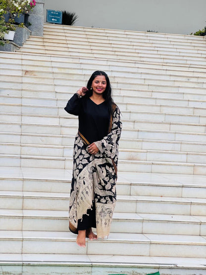 Madhura - Black Silk cotton set with Kalamlari Dupatta