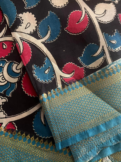 Aqua Blue Silk cotton set with kalamkari dupatta