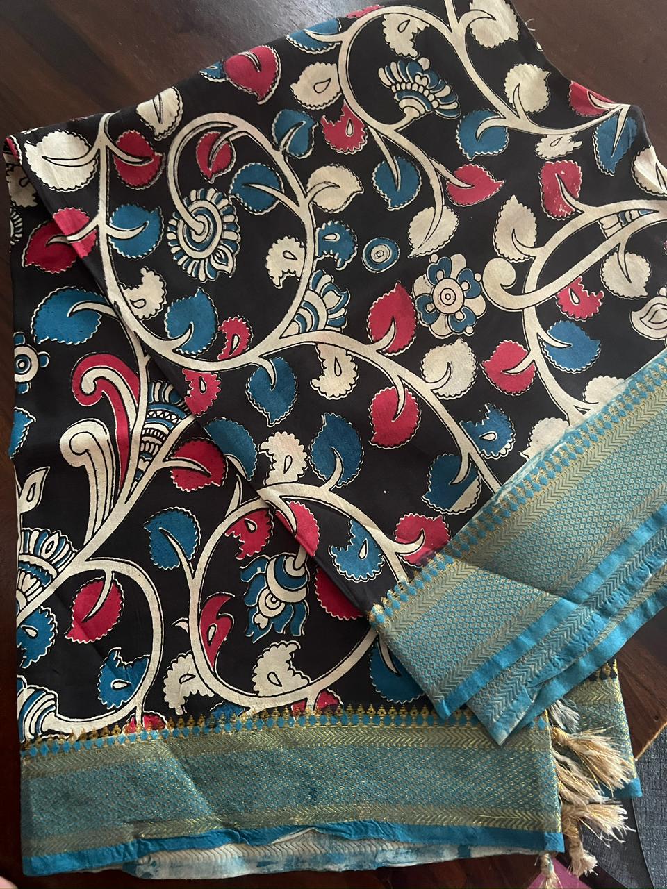 Aqua Blue Silk cotton set with kalamkari dupatta