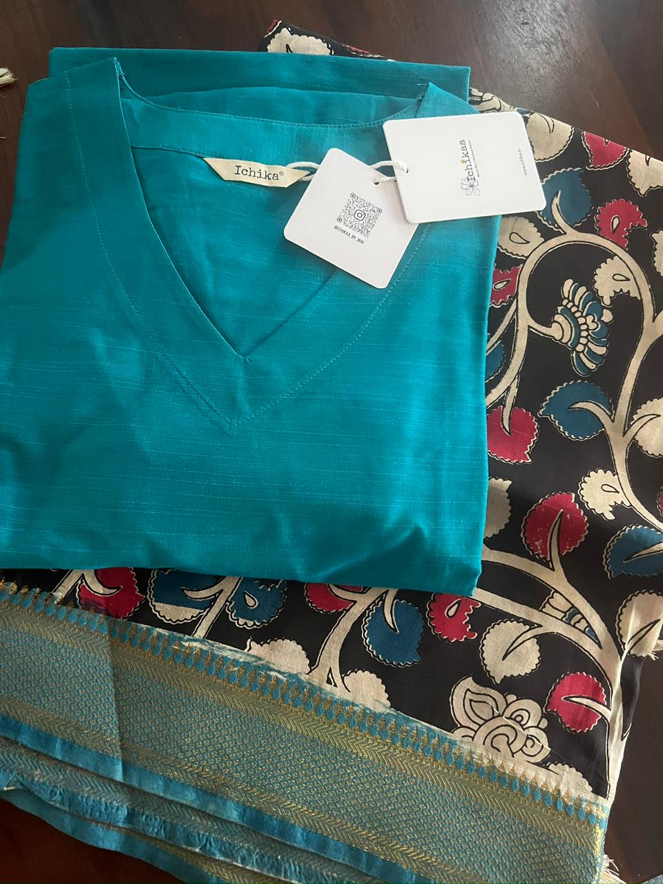 Aqua Blue Silk cotton set with kalamkari dupatta